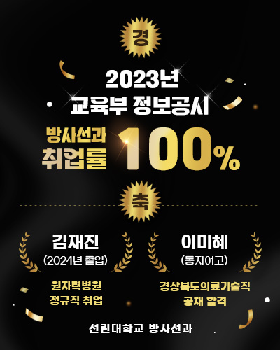 2023년 교육부 정보공시 취업률 100%, 경축 방사선과 김재진(2024년 졸업) 원자력병원 정규직 취업, 방사선과 이미혜(동지여고) 경상북도의료기술직 공채 합격 선린대학교 방사선과